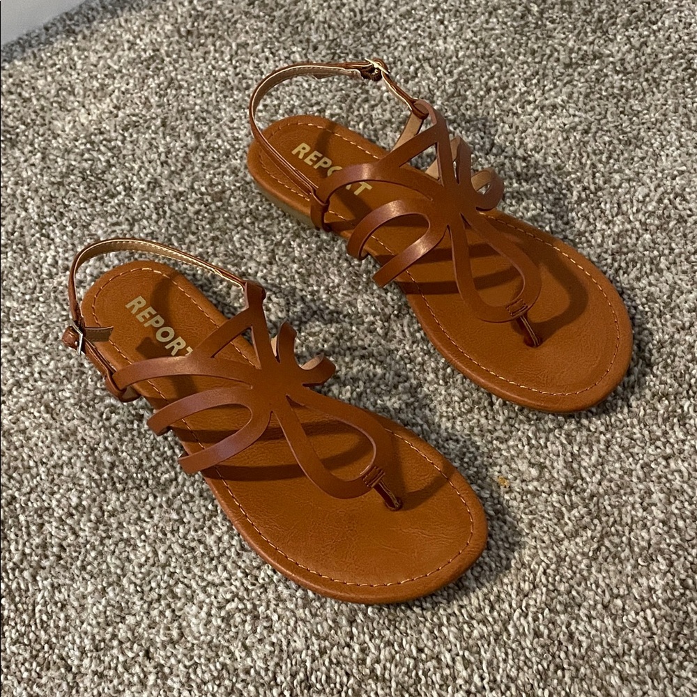Report Tan Strappy Toe-Loop Sandals